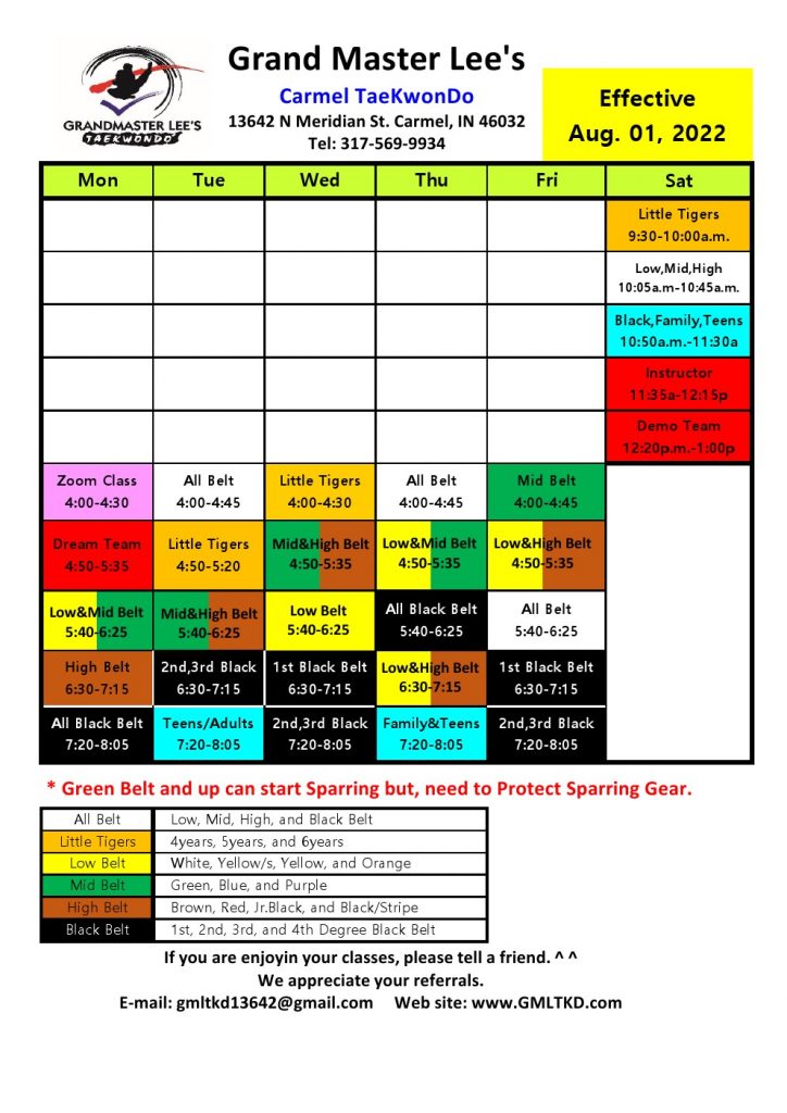 Grand Master Lee TaeKwonDo | Schedule